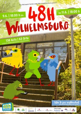 Illustriertes Veranstaltungsplakat 48h Wilhelmsburg: Rappende Vögel auf Treppe