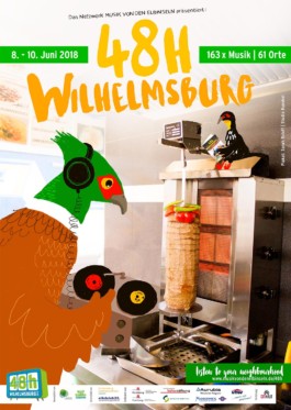 Dieses Bild zeigt ein illustriertes Plakat von Studio Ranokel für 48h Wilhelmsburg. Die Illustration zeigt einen Fasan als DJ, der in einem Dönerladen Platten auflegt.