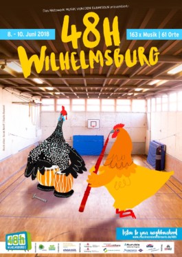 Dieses Bild zeigt ein illustriertes Plakat für 48h Wilhelmsburg von Studio Ranokel aka Sarah Gorf-Roloff. Die Illustration zeigt die alte Boxhalle in Wilhelmsburg, in der ein Haushuhn Kaval spielt und ein Perlhuhn es auf Tablas begleitet.