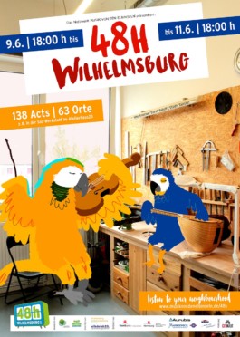 Illustriertes Veranstaltungsplakat 48h Wilhelmsburg: Vögel jammen in der Saz-Werkstatt