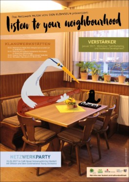 Illustriertes Veranstaltungsplakat mit musizierenden Vögeln