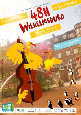 Illustriertes Plakat 48h Wilhelmsburg: Vögel musizieren auf Spielplatz
