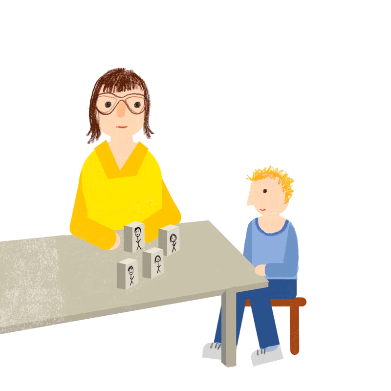 Illustration einer Gutachterin mit einem gelangweilten Kind 