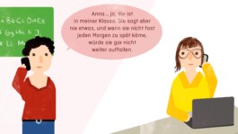 Präsentationsdesign: Illustration einer Gutachterin, die zur Fremdanamnese mit einer Lehrerin telefoniert 