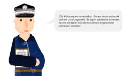 Illustration eines Polizisten, der eine verdreckte Wohnung beschreibt. Illustration für Präsentationsdesign. 