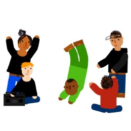 Illustration einer Gruppe Jugendlicher, die Breakdance machen