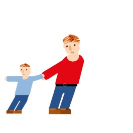 Illustration eines Vaters, der sein Kind von einer Hüpfburg wegzieht