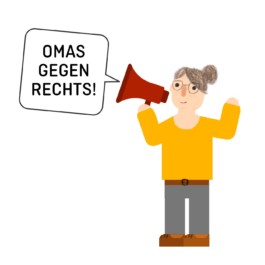 Diese Illustration von Studio Ranokel zeigt eine Oma, die in ein Megaphon 
