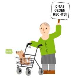 Diese Illustration von Studio Ranokel zeigt eine Oma mit Rollator, die gegen Nazis demonstriert.