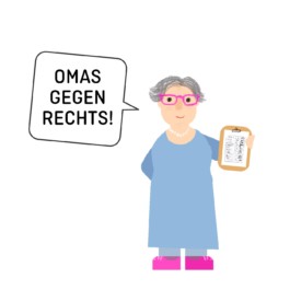 Diese Illustration von Studio Ranokel zeigt eine Oma, die Unterschriften für